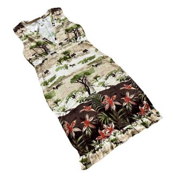 Safari Print Sleeveless Dress Empire Waist Vintage Y2K Line Two Women's Medium - Picture 3 of 7